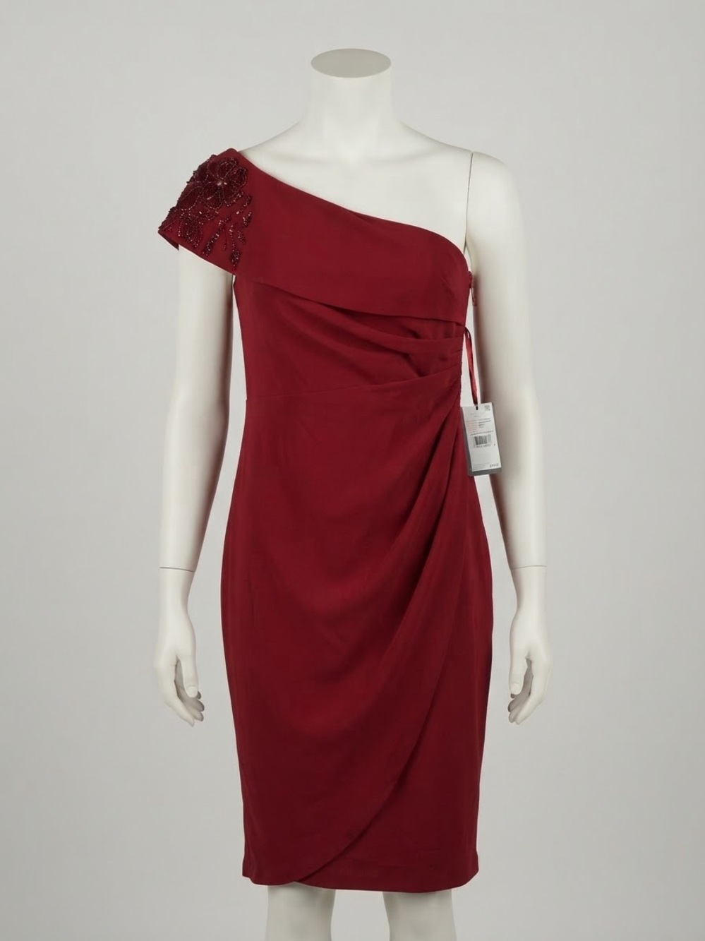 Adrianna Papell One-Shoulder Wine Red Draped Cocktail Dress